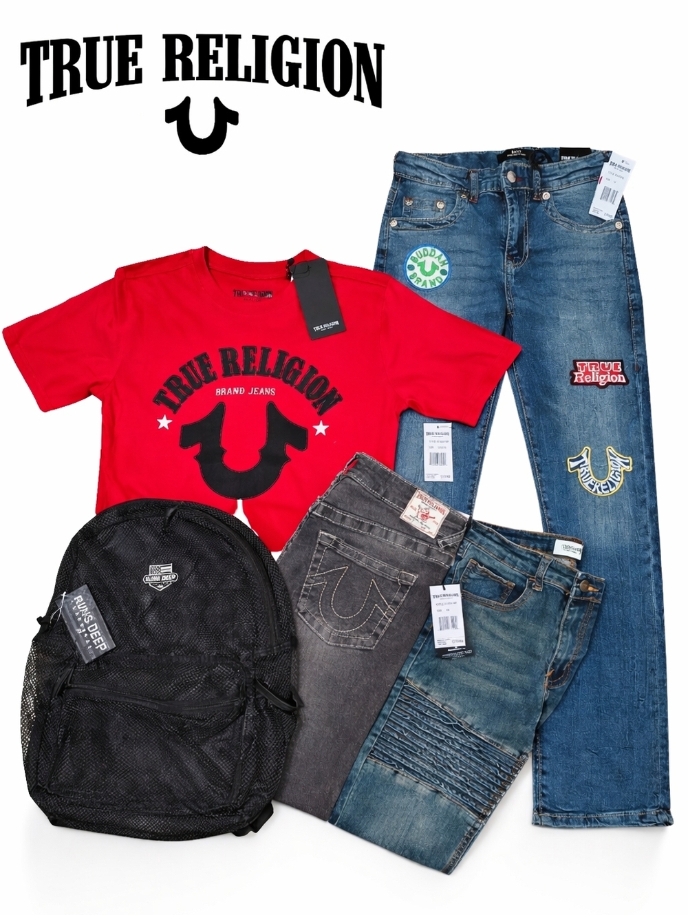 🥳 5Pc Lot TRUE RELIGION Boys Size 14 XL Jeans Shirt Backpack Bundle